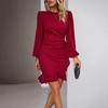 Autumn Winter Solid Knitted Dress Women High Waist Shirring Puff Long Sleeve Sweater Dress Elegant O-neck Office Lady Hip-wrap Dresses 30056