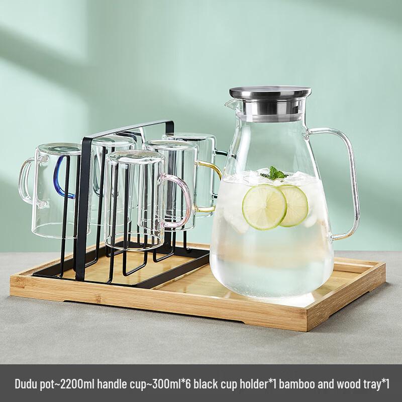 UD Glass Cold Water Pitcher Set 2.2L with 6 Colored Cups, Draining Rack, Tray