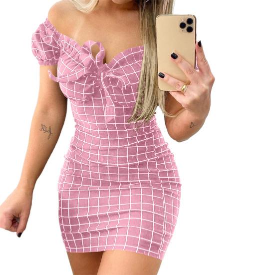 Robe Mini Slim Décor Nœud Papillon Doux Imprimé Carreaux Épaules Dénudées Robe Bodycon Vêtements Féminins