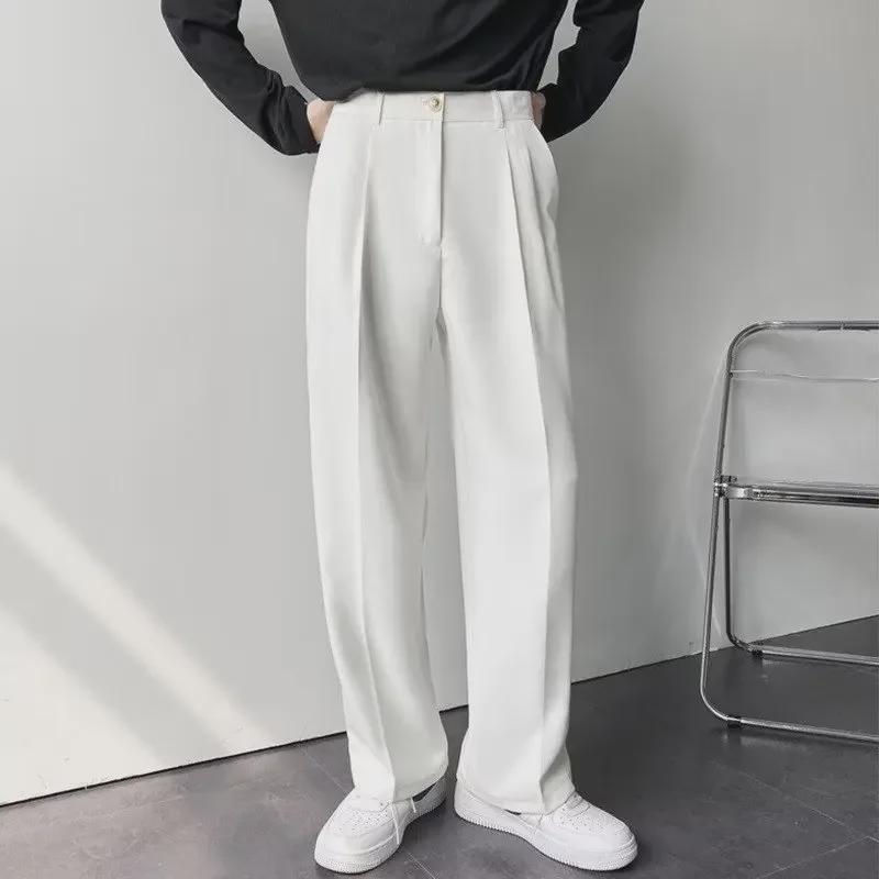 Hong Kong Style Men's Loose Autumn Wide-Leg Trousers: White, Free-Ironing, Casual
