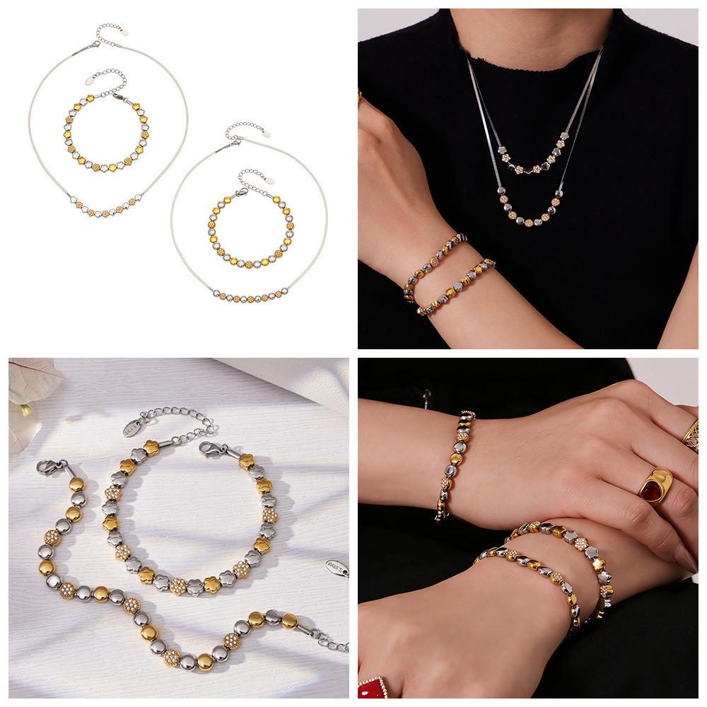 European & American Fashion Star Zirconium Necklace & Bracelet Set - Color-block Stainless Steel Jewelry