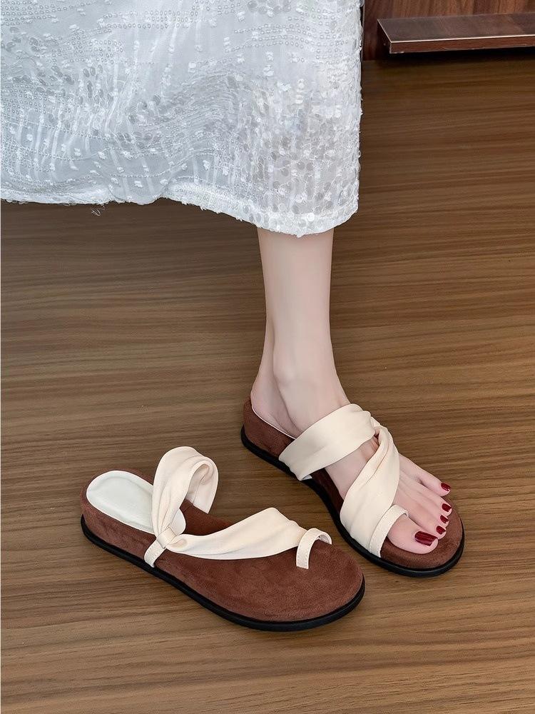 Soft leather~ French round head cover toe cool slippers women's summer outer wear temperament with skirt thick sole with two sandals