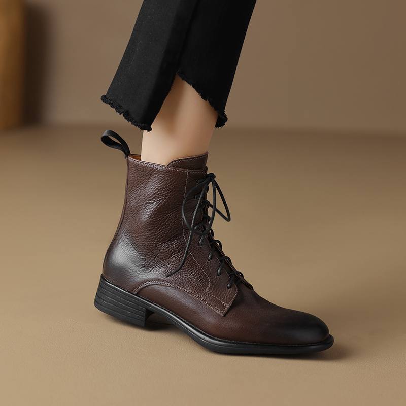 Krazing Pot Cow Leather Winter Round Toe Thick Low Heels Western Boots Women Lace Up Retro Ankle Boots