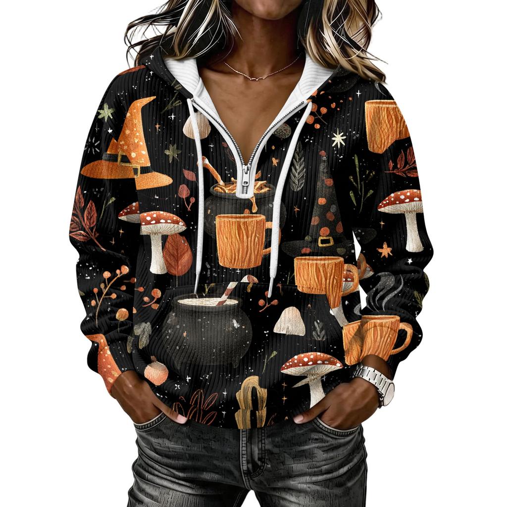 Women's Long Sleeve Hoodie Sweatshirt with Halloween Print for Casual Wear