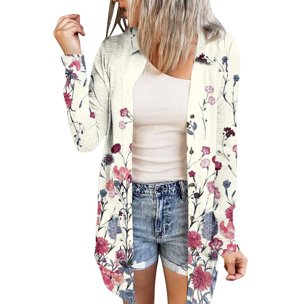Women's Casual Fashion Floral Print Long Sleeve Mid-Length Cardigan Jacket