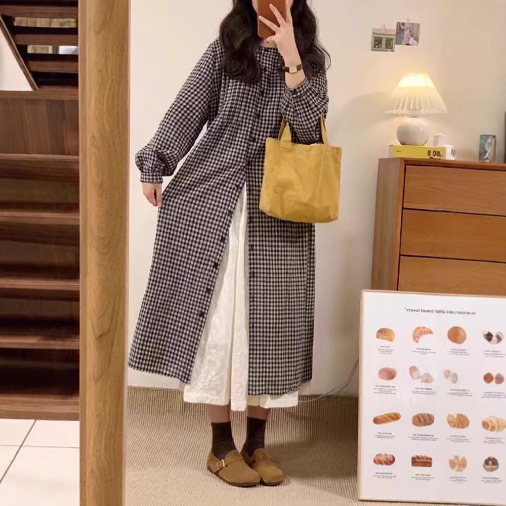 Contrasting color plaid round neck long-sleeved dress women's autumn Japanese retro lazy wind stacked shirt skirt long skirt