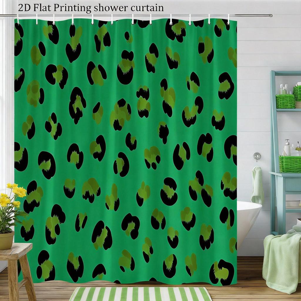 Modern Leopard Print Shower Curtain Background With Black Spots, Trendy Animal Pattern Bath Curtain For Fashion Home Decor