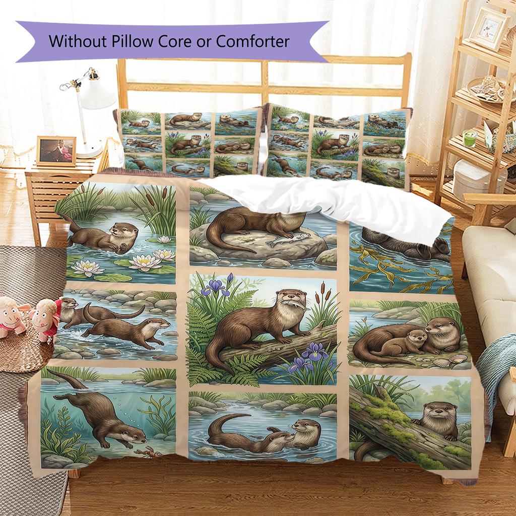 Retro Oil Painting Animals Pattern Bedding,Quilt Set Quilt Cover Pillowcase Home Birthday Gift (1 * Duvet Cover + 2 * Pillowcase, Without Core)