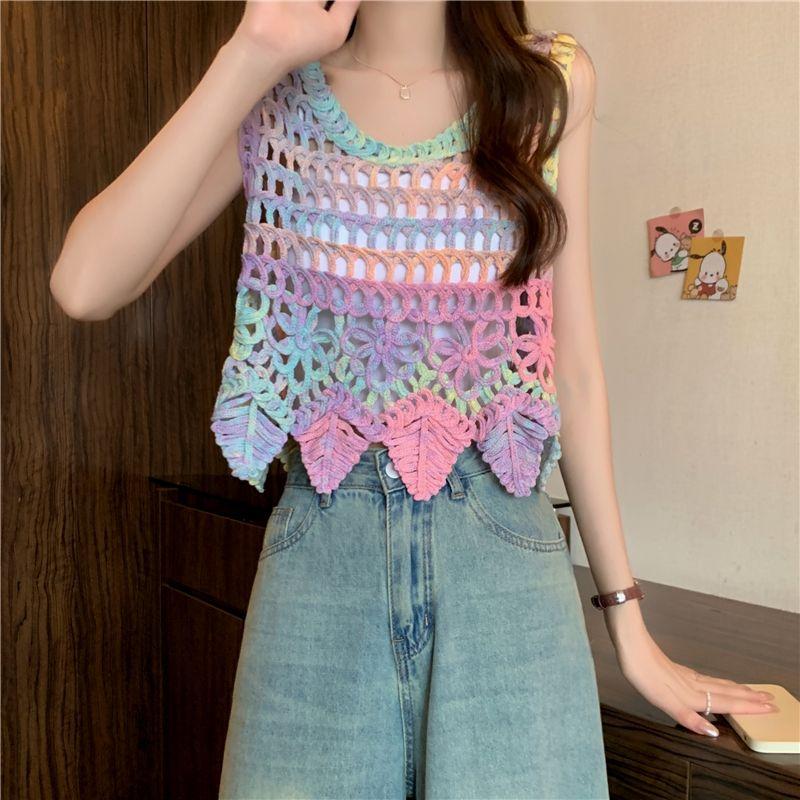 

Цветной ажурный трикотажный жилет-камисоль для женщин с чувством дизайна, рубашка-короткий жилет-топ для девушек в стиле «ниша», лето S