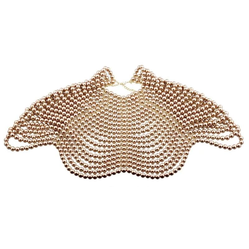 

Exquisited Chest Chain Imitation Pearls Tassels Layered Necklace Shawl Beaded Body Jewelry for Elegant Evening Parties кофейный