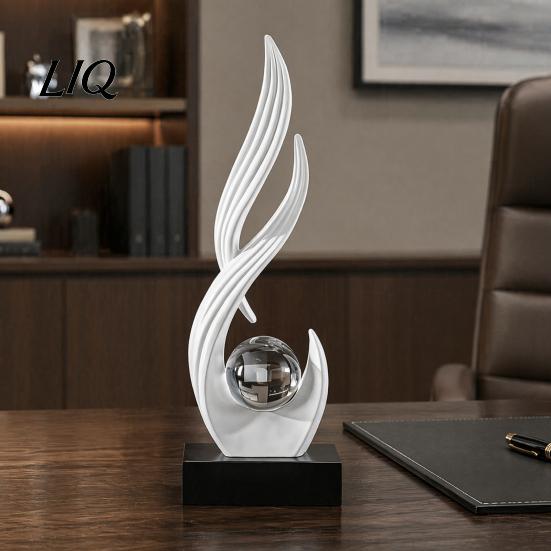 Artistic Ornament for TV Cabinet Abstract Decorative Sculpture with Clear Crystal Ball, Modern Flowing Curve Tabletop Decor Statue Golden Office Desk