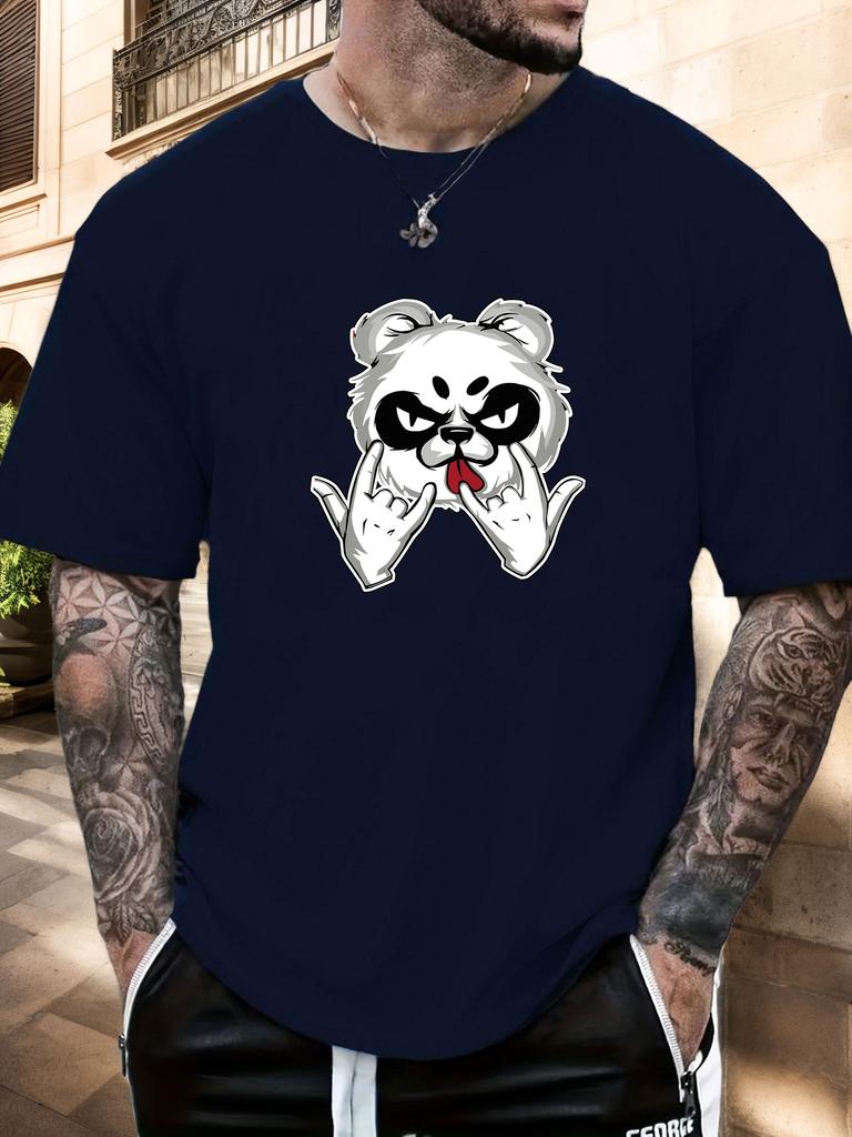 Mens Casual Tshirt Rock Panda Print Short Sleeve Round Neck Breathable Soft Oversized Edgy Trendy Daily Wear Tee