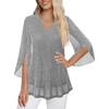 Womens 3/4 Sleeve Sparkly Tops, Dressy Casual Mesh Glitter Tunic Top Double Layered V Neck Loose Blouses
