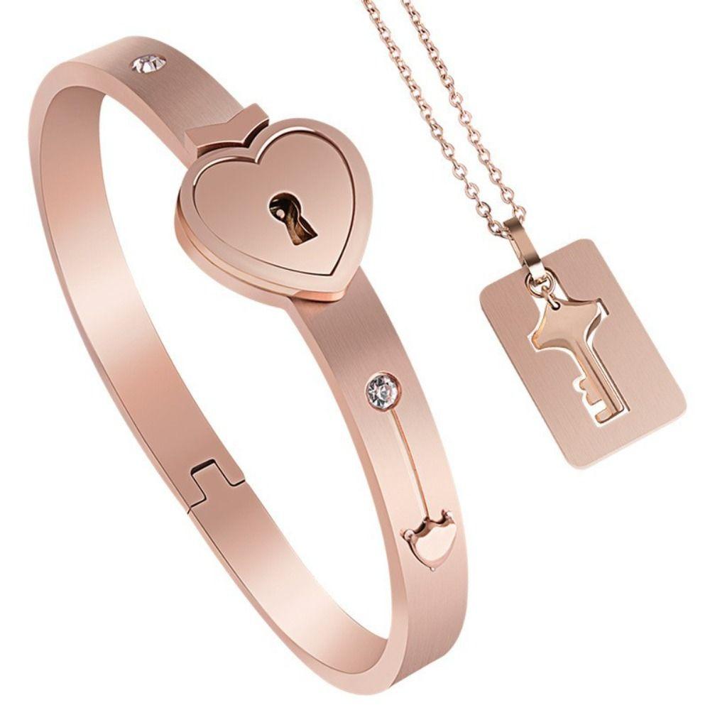 Gold Silver Heart Lock Bracelets Stainless Steel Key Pendant Necklace Women Men