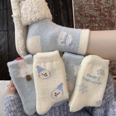 Australian Wool Children's Winter Plush Thick and Warm Mid-calf Socks, Cute Cartoon Snowman Sleep Socks, Home Floor Socks