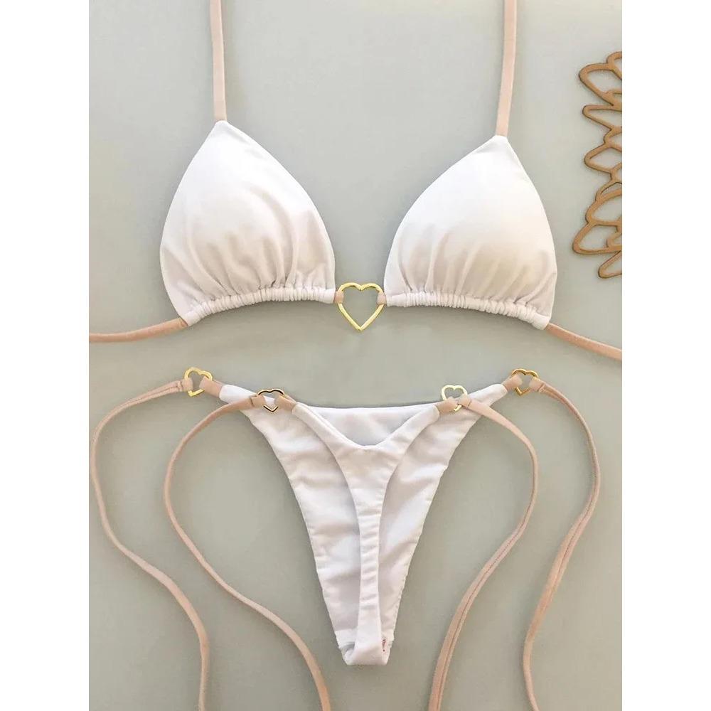 New Solid Color White Bikini Women Suit Low Waist Lace-up Fashionable Swimsuit Two-piece Set