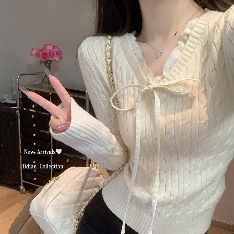 

Women s Slim Fit Knitted Sweater Top with French Braid Bow Tie Collar L (105-115 jin) абрикосовый