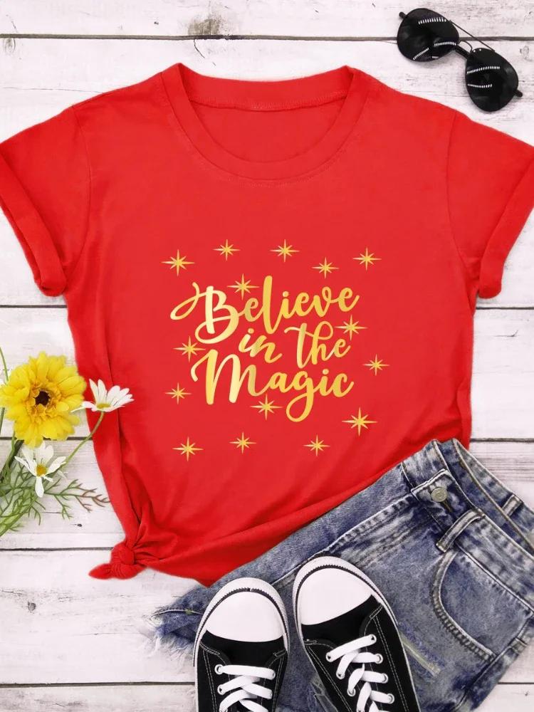 Believe In The Magic Golden Letter Print T Shirt Women Short Sleeve O Neck Loose Tshirt Women Causal Tee Shirt Tops Mujer