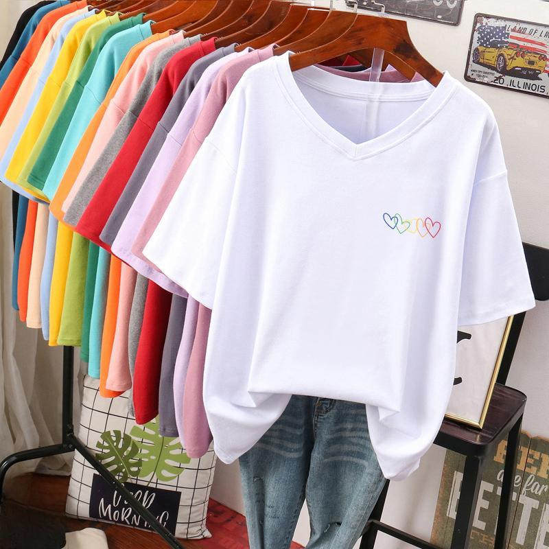 

Футболка с коротким рукавом для женщин большого размера, свободного и стройнящего дизайна, нишевый топ из чистого хлопка с V-образным вырезом, закрывающий живот S белый