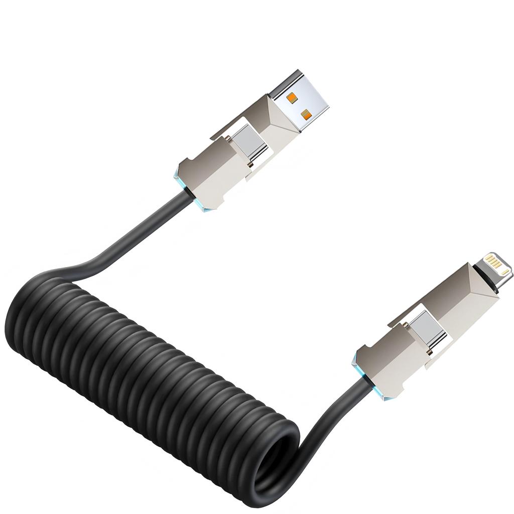 4 in 1 Spring Fast Charging Cable, 240W USB-C PD Multi Fast Charging, 2m Coiled Retractable Cable for iPhone Samsung Laptop