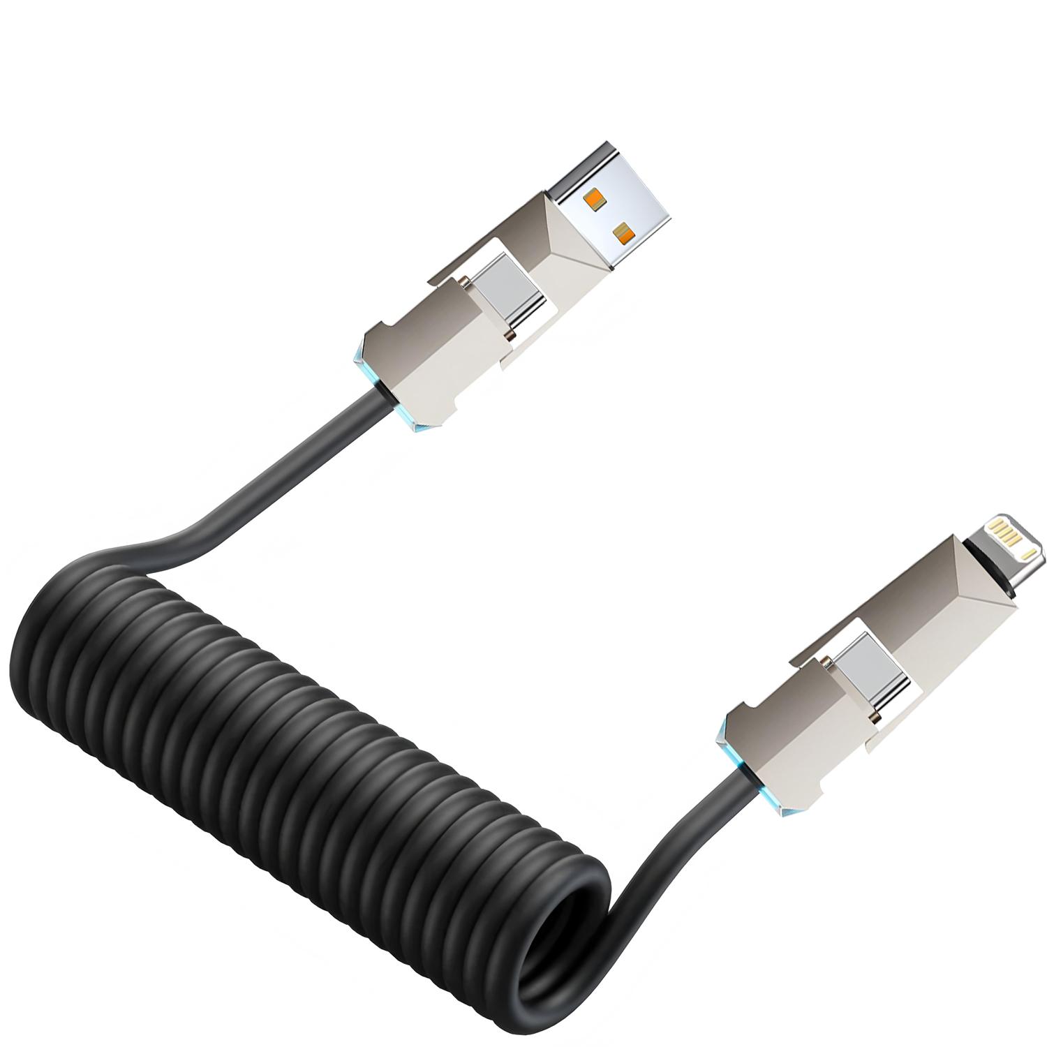 

Ultra-Durable 4-in-1 240W Spring Telescopic Cable USB Type C Quick Charge & Data Sync for iPhones Android Phones (240W High Powe чёрный