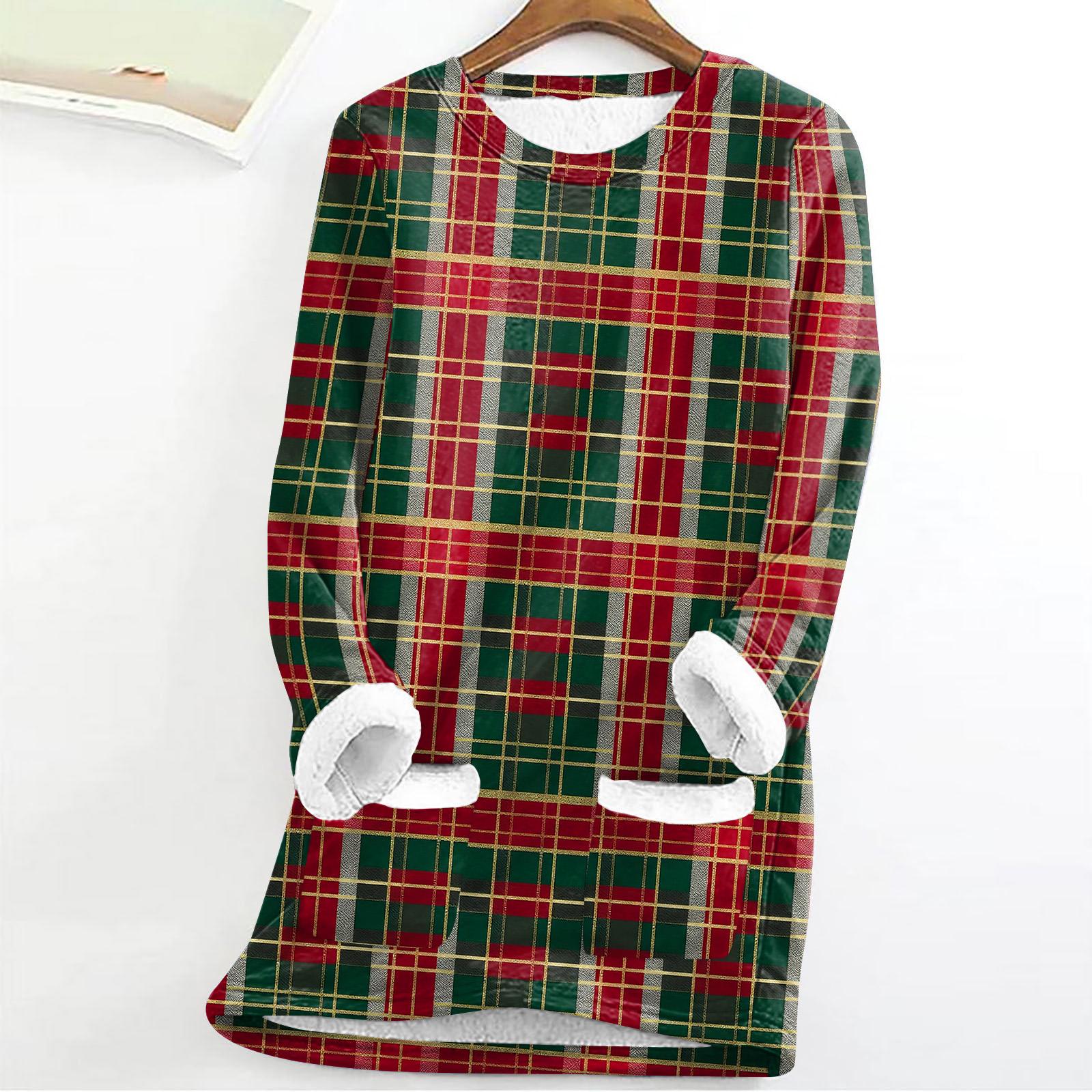 Women s Fashion Plaid Print Round Neck Long Sleeve Plush Winter Warm Pullover Top L