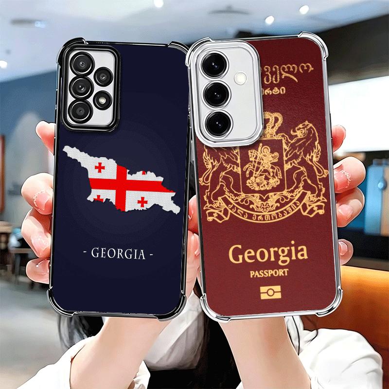 Georgia Passport Flag Plating Phone Case For Samsung A17 A07 A37 A57 A16 A56 A15 A55 A14 A54 A13 A53 A26 A36 A25 A35 A24 A34 A23