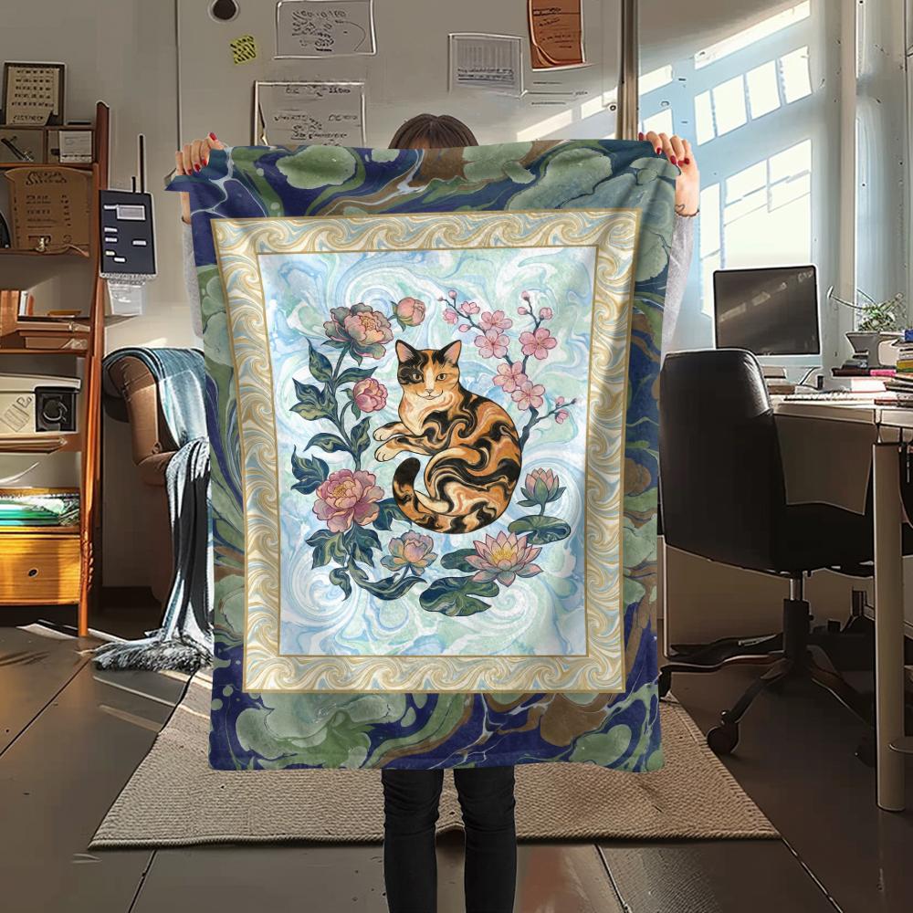 Cat Flower Print Flannel Blanket, High Quality Comfortable for All Seasons, Home Decor, Warmth and Comfort, Perfect for Christmas Gifts44