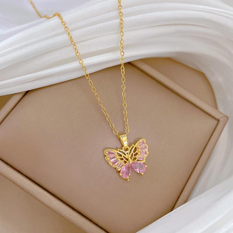 Empty Butterfly Full Diamond Light Luxury Temperament Gorgeous Full Diamond Necklace Female Versatile Collarbone Chain Titanium Steel Chain