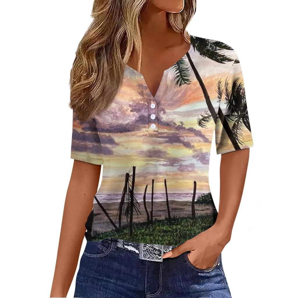 Women's T Shirt Tee Print Button Short Sleeve Daily Weekend Fashion Basic V- Neck Regular Top
