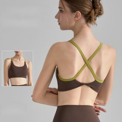 Thin-strapped Color-blocked Sports Bra Cross-back Short Fitness Underwear Shockproof Yoga Vest