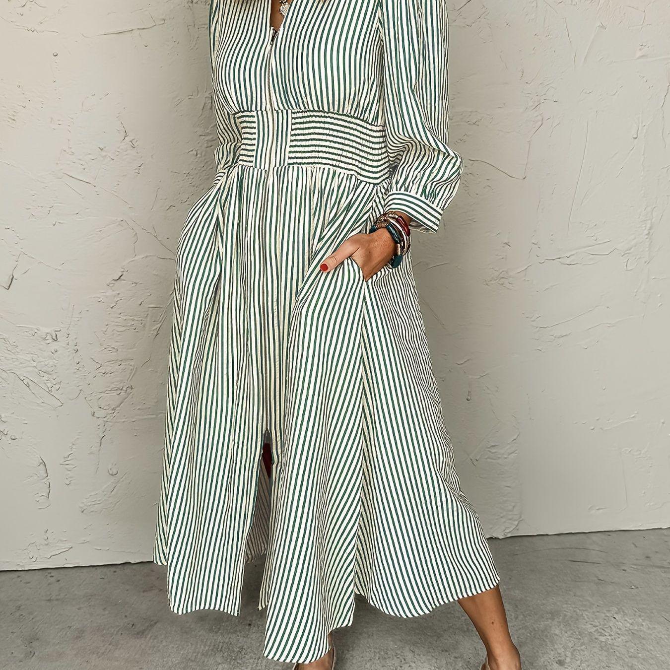 

Plus Size Women s Striped Zipper Shirt Dress with Elastic Waist 4XL