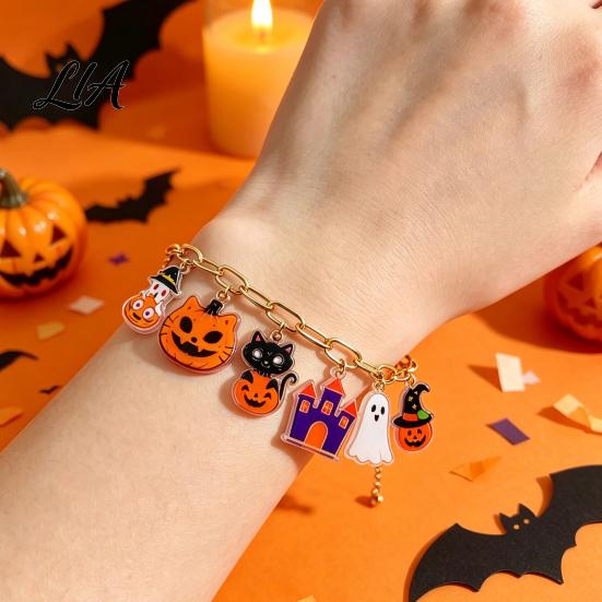 Black Cat Theme Accessory Halloween Charm Bracelets for Women, Cute Spooky Pumpkin Ghost Castle Pendant Stylish Cartoon Bracelet Bracelet, Adjustable