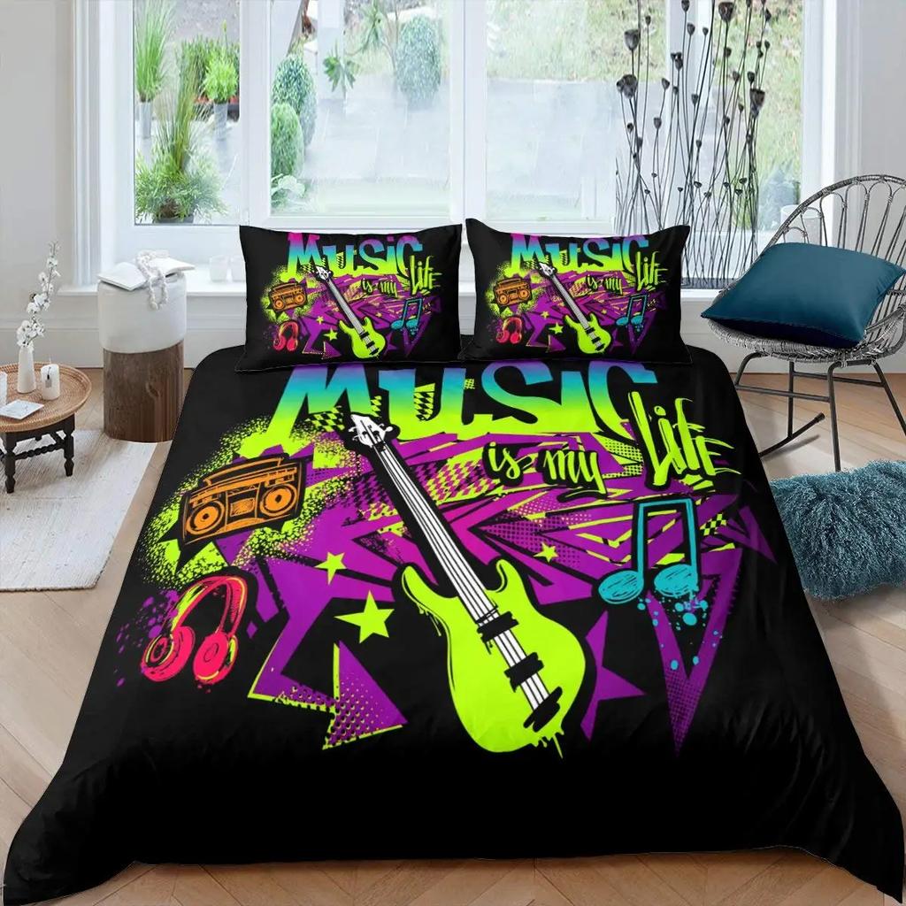 Set Biancheria da Letto Matrimoniale Rock Roll Music King Queen con Federe, Copripiumino con Cuffie e Chitarra, Copripiumino Stile Punk Graffiti in Poliestere