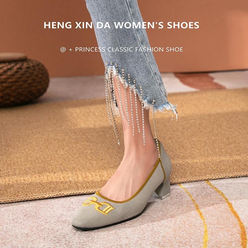 Coarse heel single shoes women's shoes knitted spring and autumn embroidery Japanese medium heel flying knitting temperament high heel