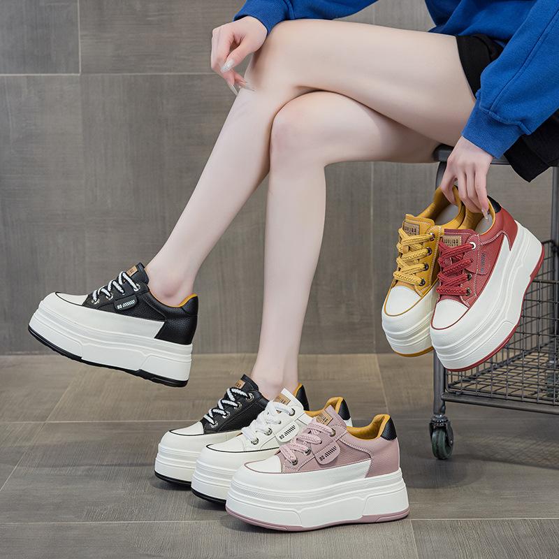 Tênis Plataforma Confortáveis de 9cm 3 Polegadas para Mulheres Couro Genuíno Sapatos Vulcanizados Femininos Plataforma Salto Alto Sapatos Casuais 2026