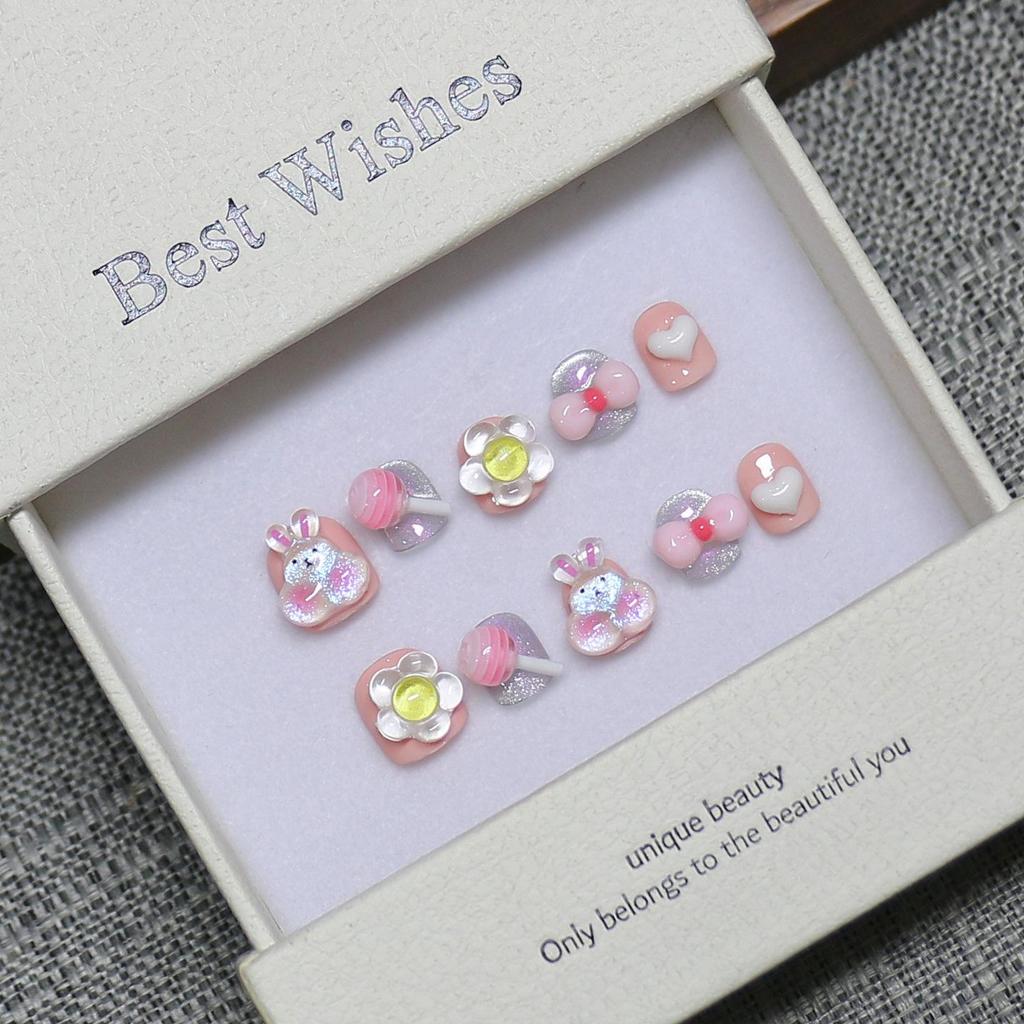 Kids' Handmade Wearable Nail Art Stickers - Cute Cartoon Bow Knot Removable Fake Nail Tips