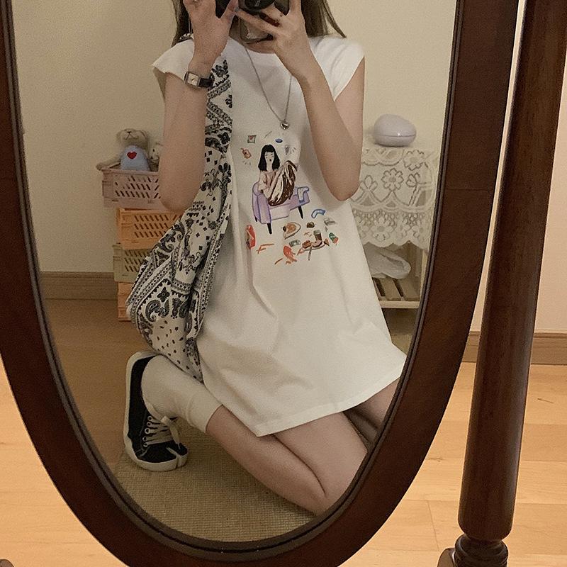 White Sleeveless T-shirt for Women's New Summer Wear Korean Loose Printed Vest Mid-length Student Top