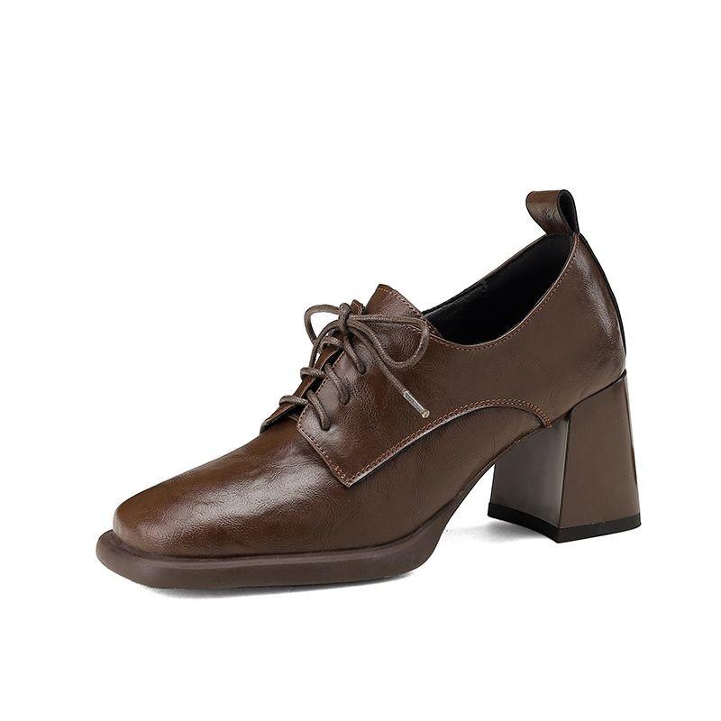 Fashion Women's Chunky Single Shoes Spring New Square Head Deep Mouth Front Lacing Anti-slip Wear-resistant High Heels