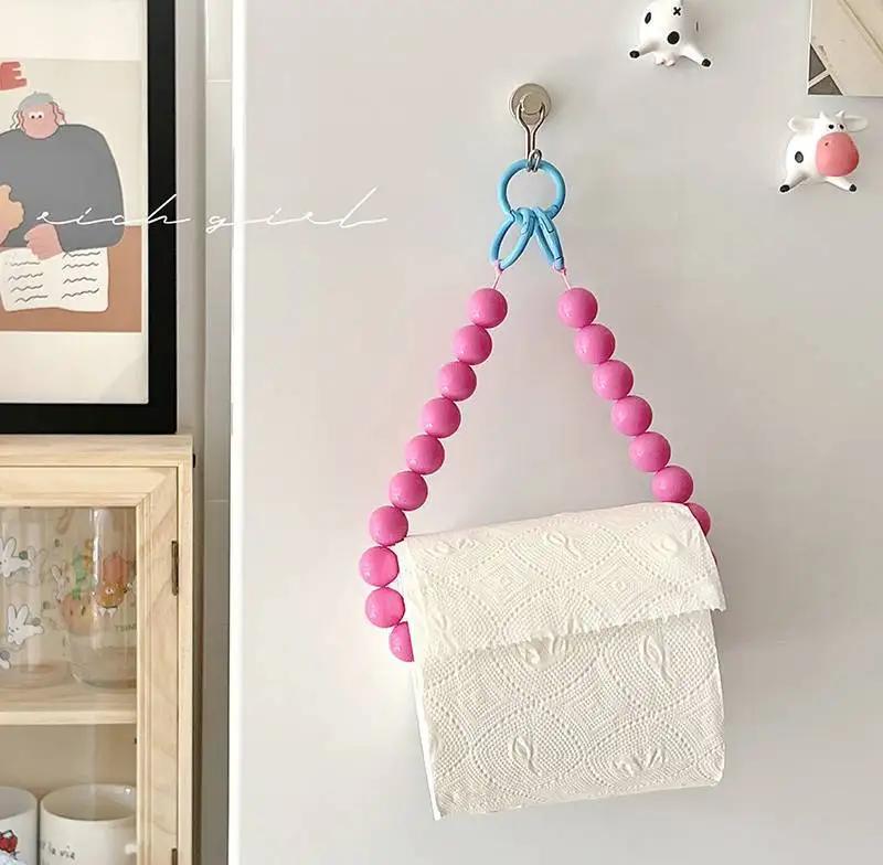 Pink Hanging Beaded Tissue Holder Toilet Paper Holder Phone Chain Multifunctional Decoration Paper Storage Box Home Accessories