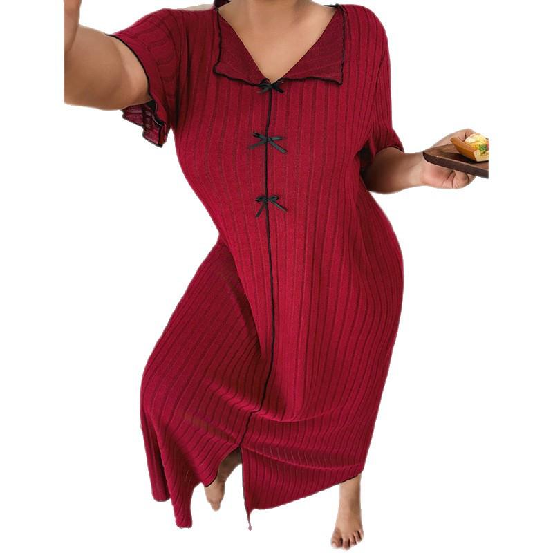 Women's Plus Size Loose Nightgown with Lapel Bow, Short Sleeve – Spring/Summer Collection