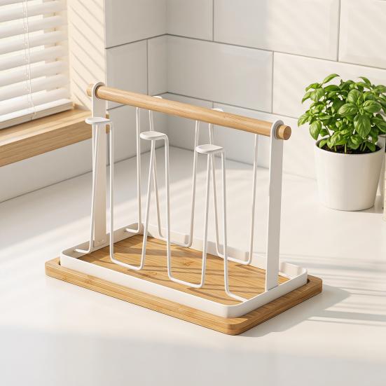 Iron Cup Drying Rack with Wood Handle & Drip Tray Baby Bottle Dryer Holder Space-Saving Countertop Organizer for Mugs