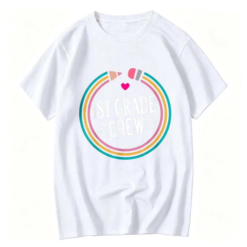st Grade Crew Rainbow Circle Pencil Heart Graphic TShirt Teacher Student Back To School Casual Cotton Short Sleeve Basic Tops