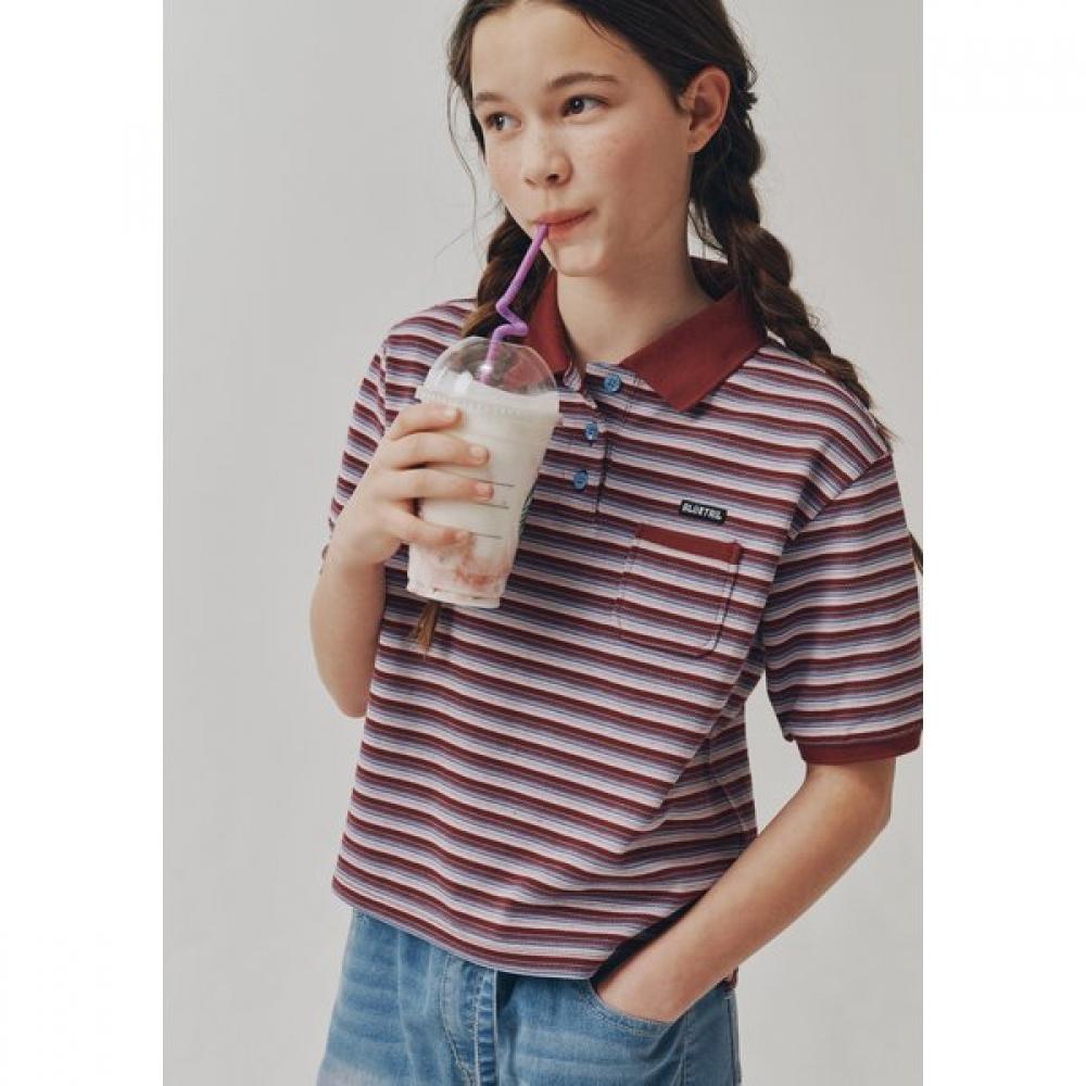 BlueTail STripe Collar Wine Crop ShorT Sleeve T shirT azb2Ts05wn