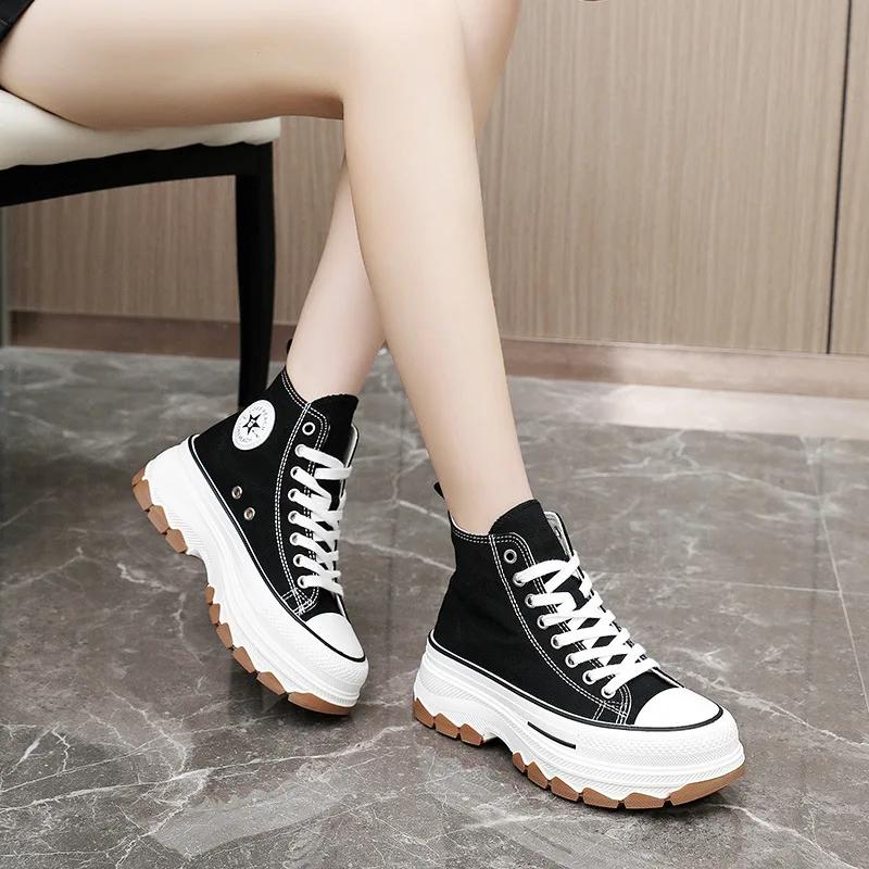 Spring Autumn Female Women High Top Sneakers Lace-Up Casual Plarform Height Canvas Non-slip Wear Resistant Vulcanize Shoes