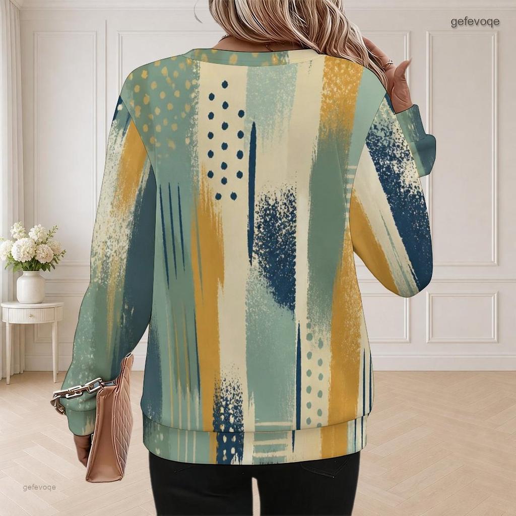 Women Plus Size Round Neck Long Sleeve Ribbed Cuffs Blue Black Printed Sweatshirt Pullover
