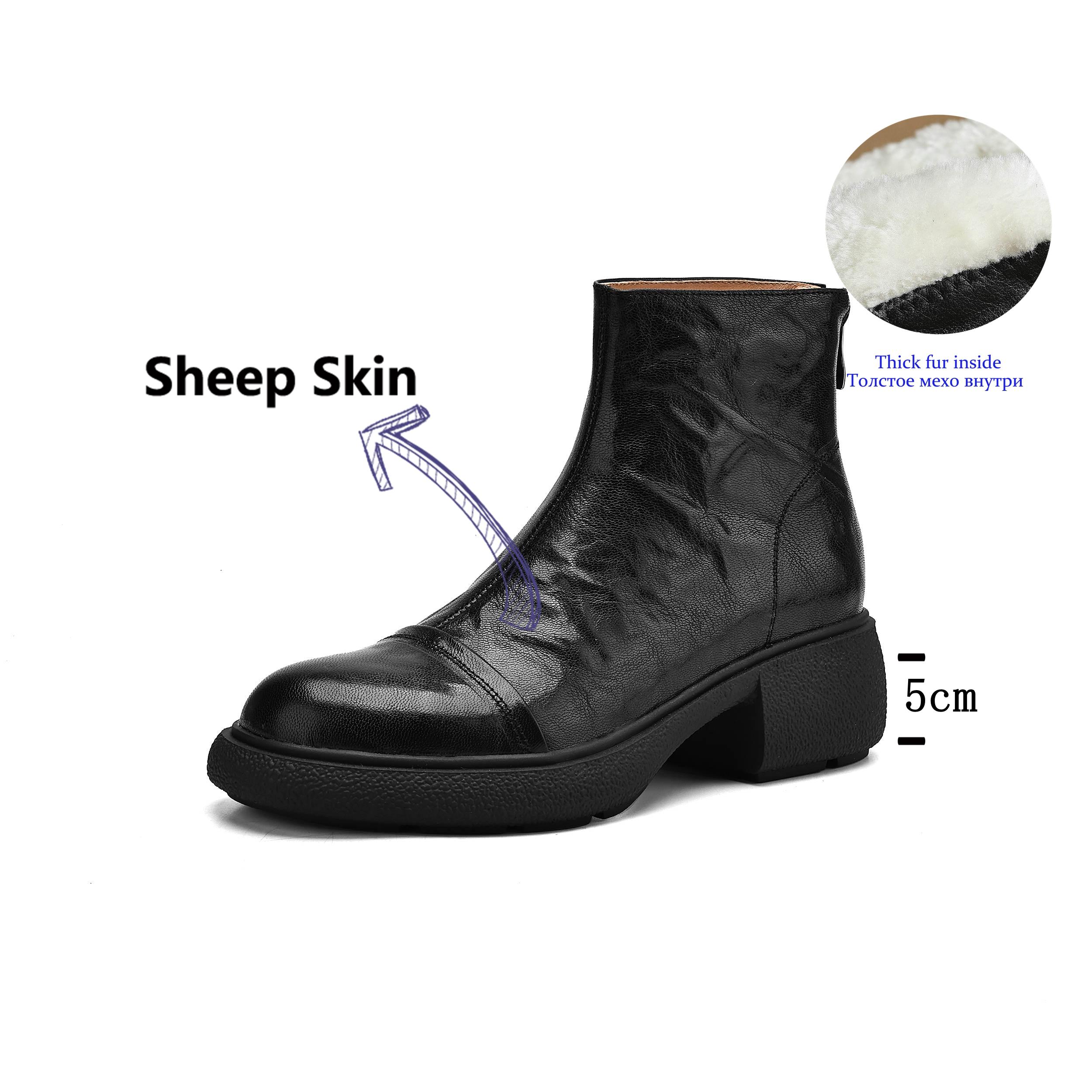 

Krazing Pot Sheepskin Fur Pleated Decoration Autumn Winter Shoes Chunky Heels Size 43 Size 42 Round Toe Zipper Retro Ankle Boots 43