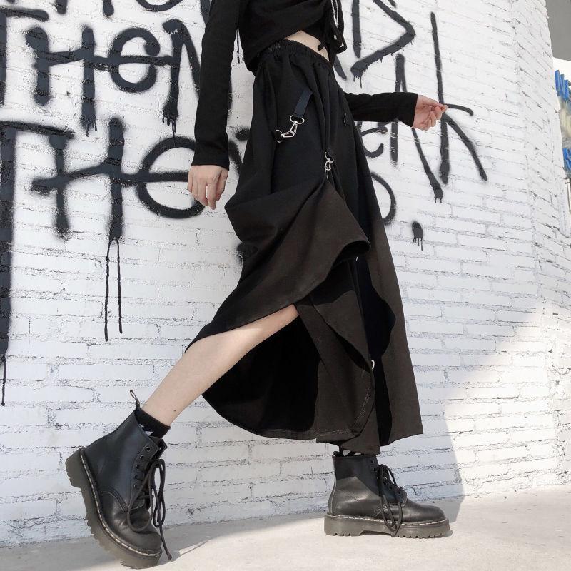Dámské sukně ve stylu Harajuku Punk, nadměrná velikost, vysoký pas, přezka, nepravidelná, gotická sukně, černá, Hip Hop, Streetwear, volně nastavitelná