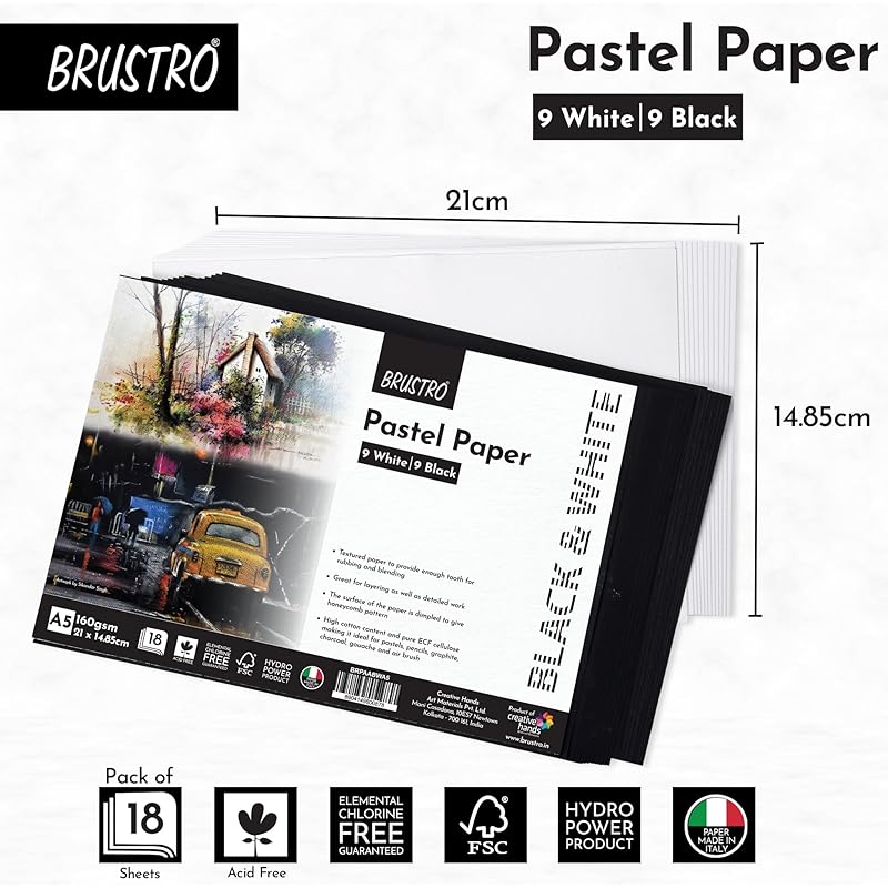 

Brustro Artist Pastel Paper - A5, 160 Gsm, Set Of 18 (9 White+9 Black Sheets) | Ideal For Pastels, Colour Pencil, Graphi чорний