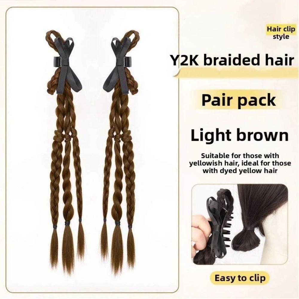 2pcs Sweet Twist Braid Hairpiece Handmade Girls Bow Wig Hairbands  for Women